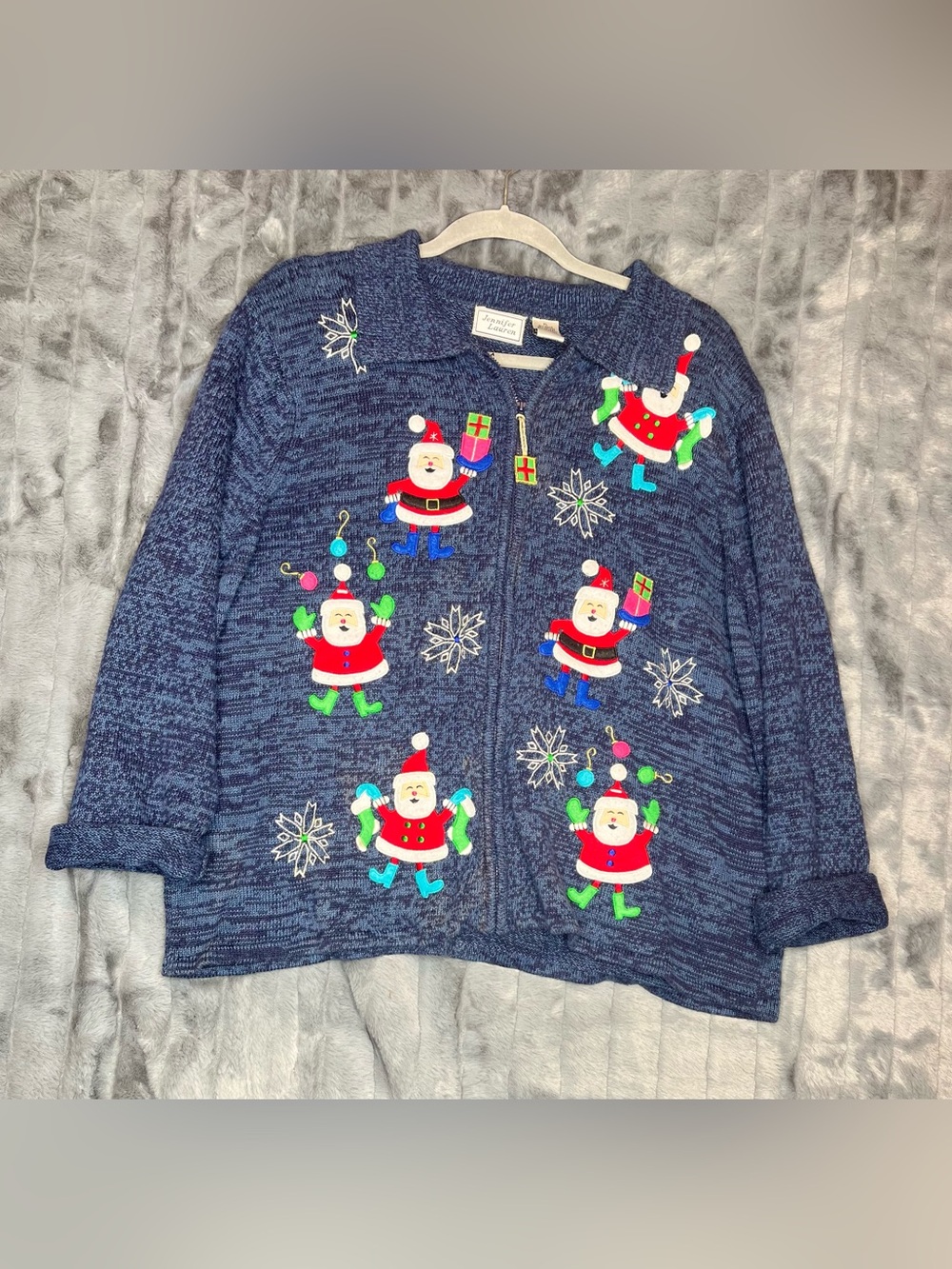 Jennifer Lauren XL Christmas Santa Cardigan Sweater Navy Ramie Cotton Holiday